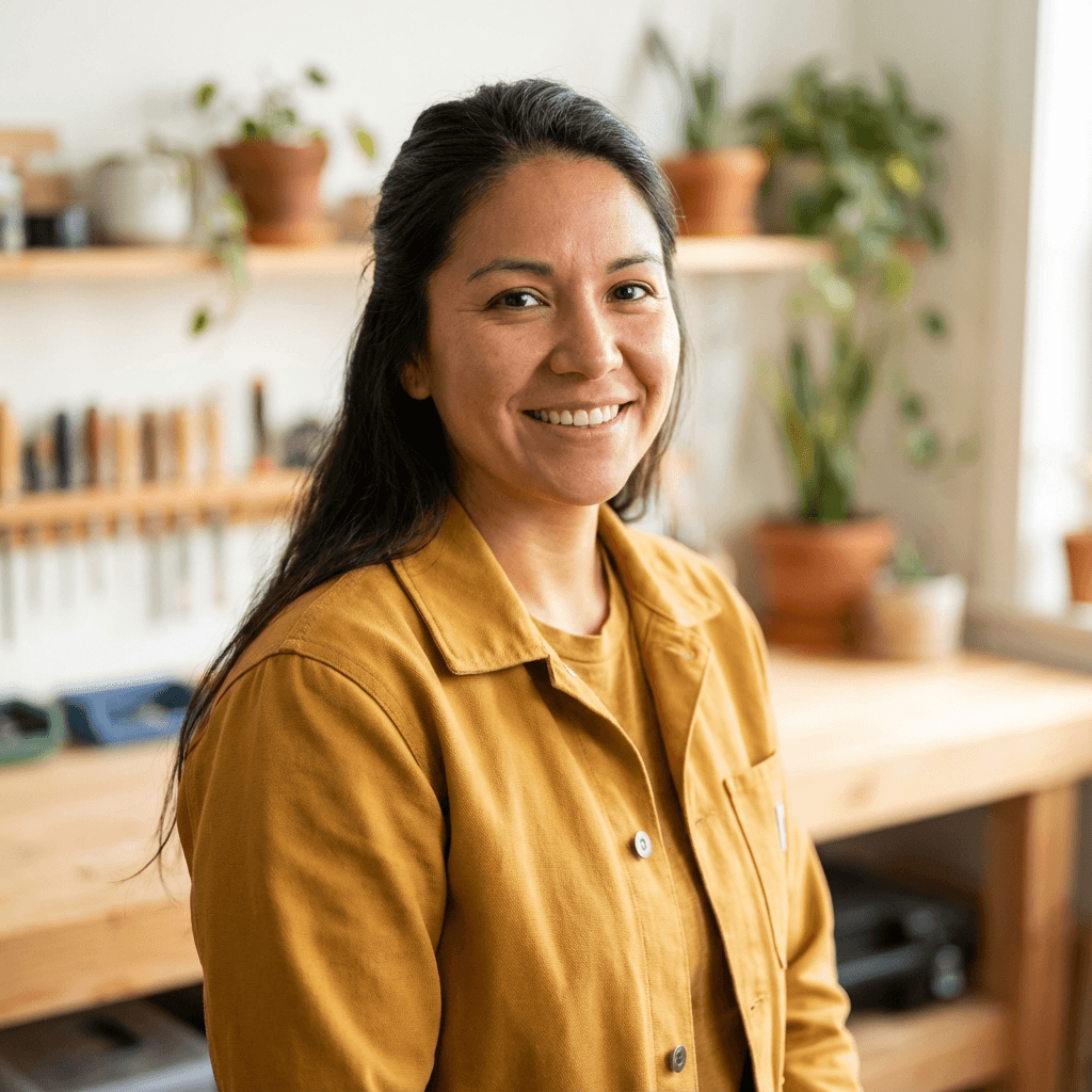 Female homeowner in her 50s, Hispanic, warm and satisfied expression suitable for a testimonial avatar