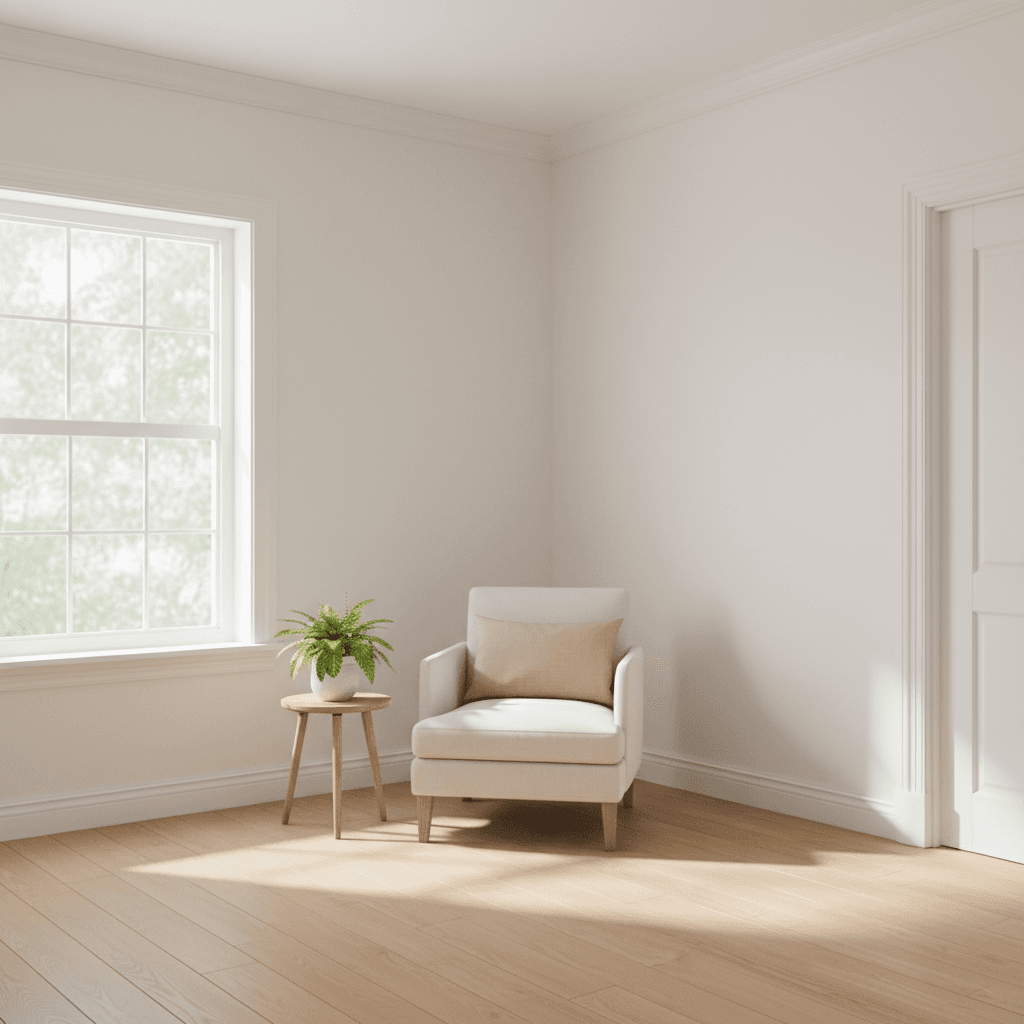Completed interior painting of a room with white walls, natural light, and a clean finish