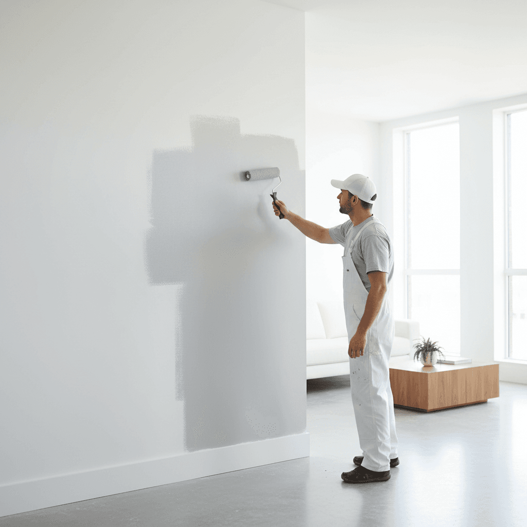 Painter applying paint to a wall with a roller in a bright room