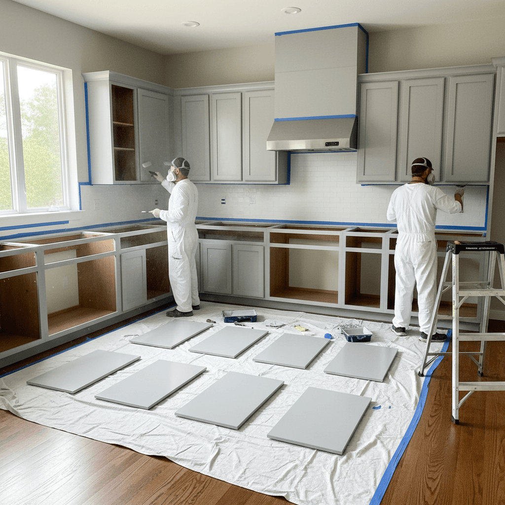 Kitchen cabinets being refinished with painter applying paint to cabinet doors