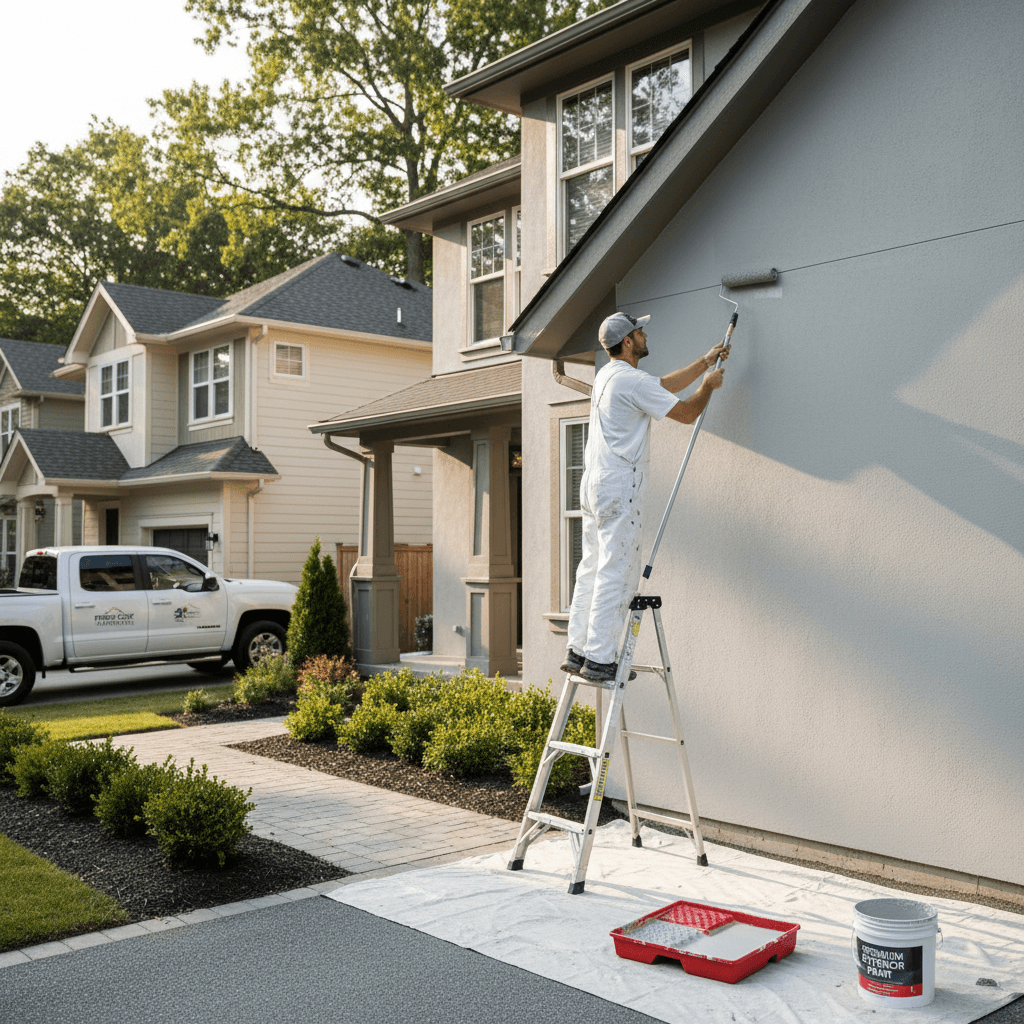 Professional painter painting the exterior of a house with a roller, wearing a cap and gloves