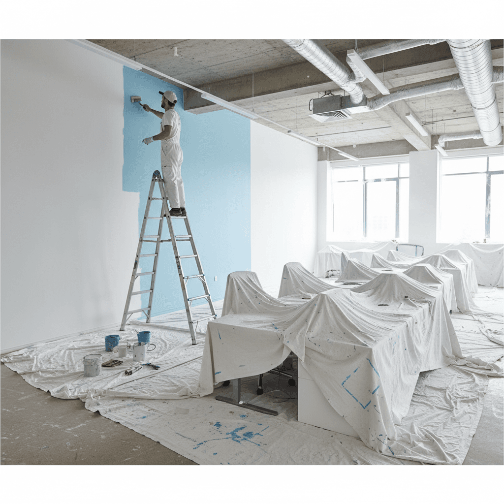 Commercial office space under renovation with painter on ladder and protected furniture