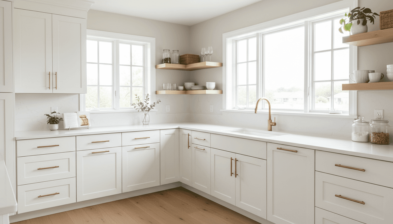 Painted kitchen cabinets with new hardware after refinishing