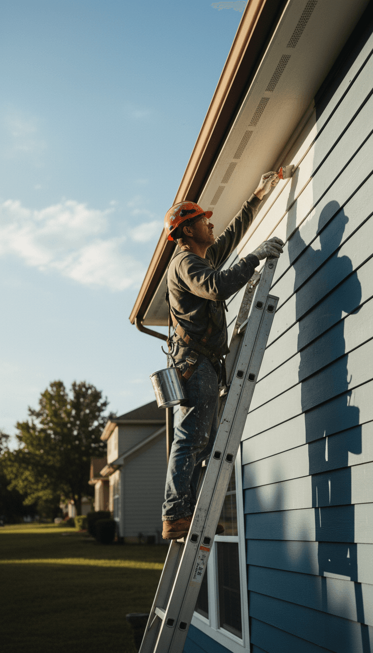 House exterior being painted with roller and ladder