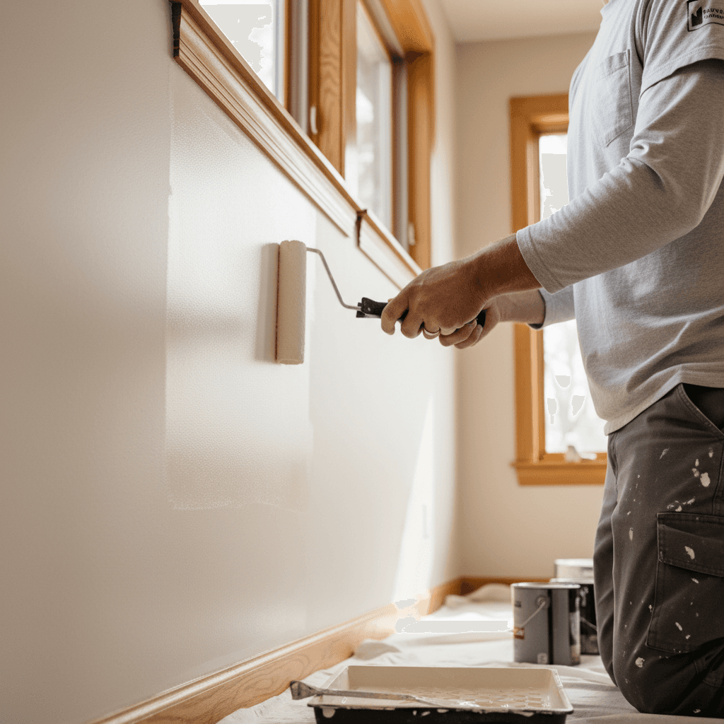 Painter in work clothes holding paint roller in a freshly painted room