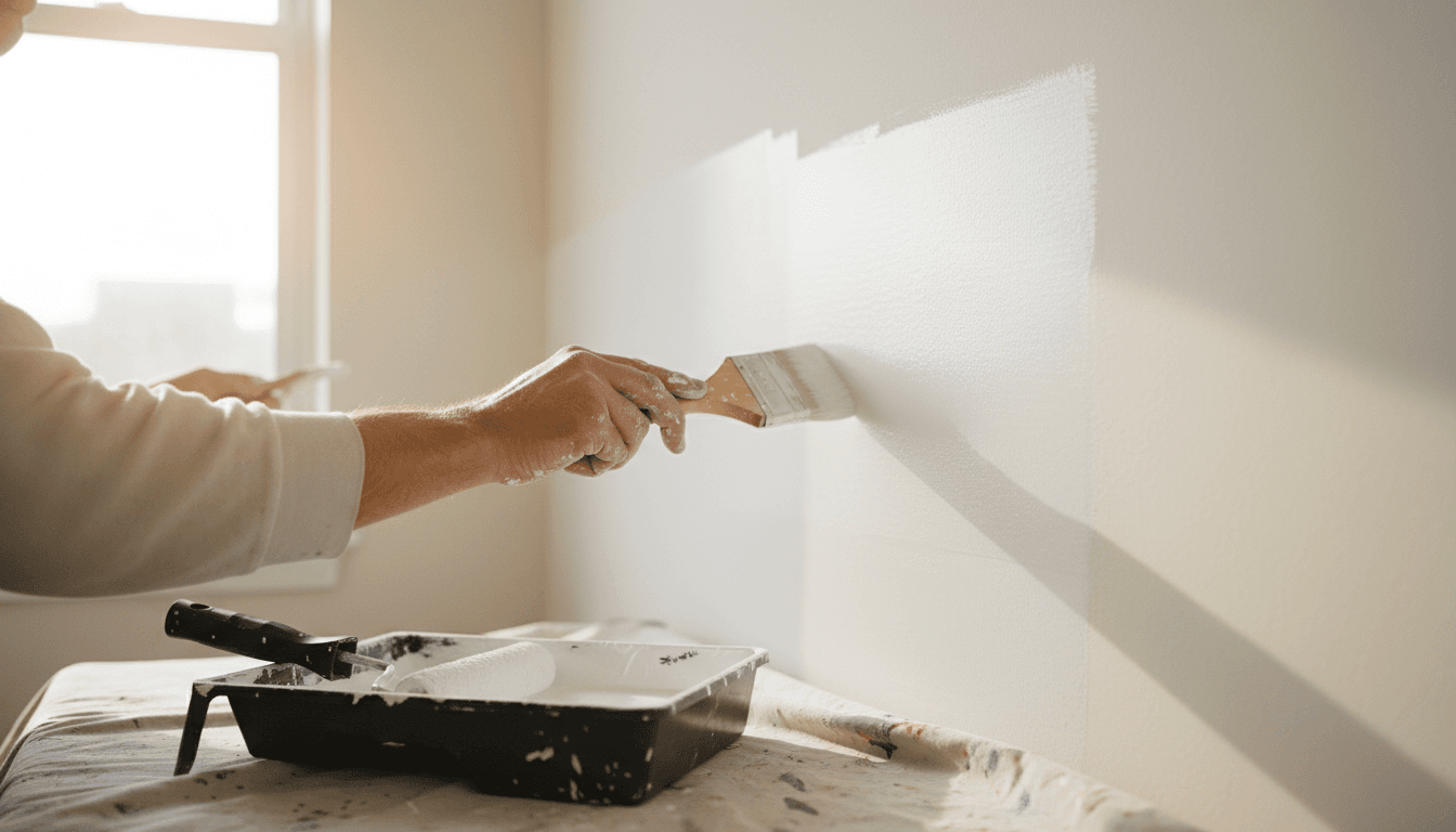 Professional painter in white t-shirt holding paintbrush and smile