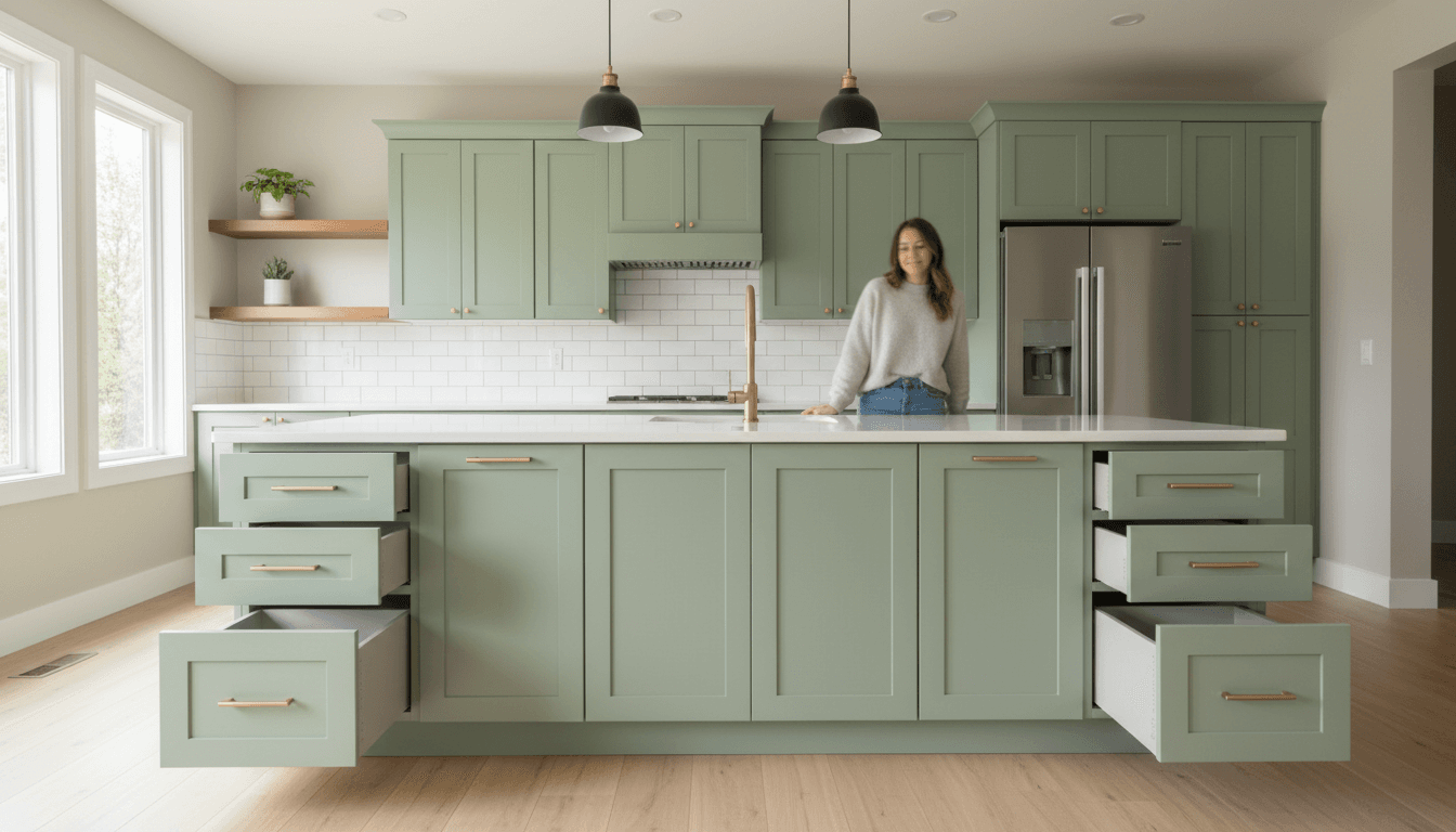 Before and after of freshly painted cabinet doors in kitchen