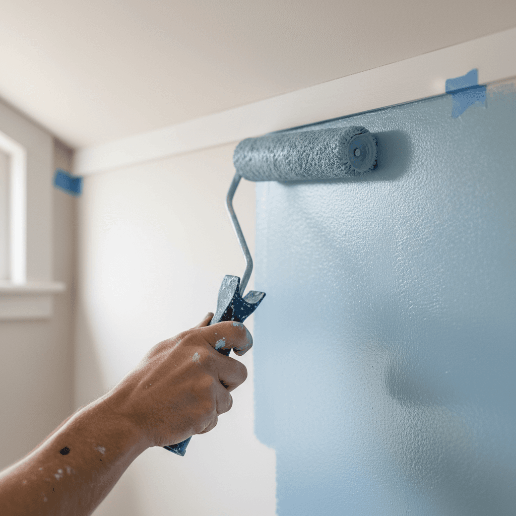 Painter applying paint to interior wall with roller in bright room